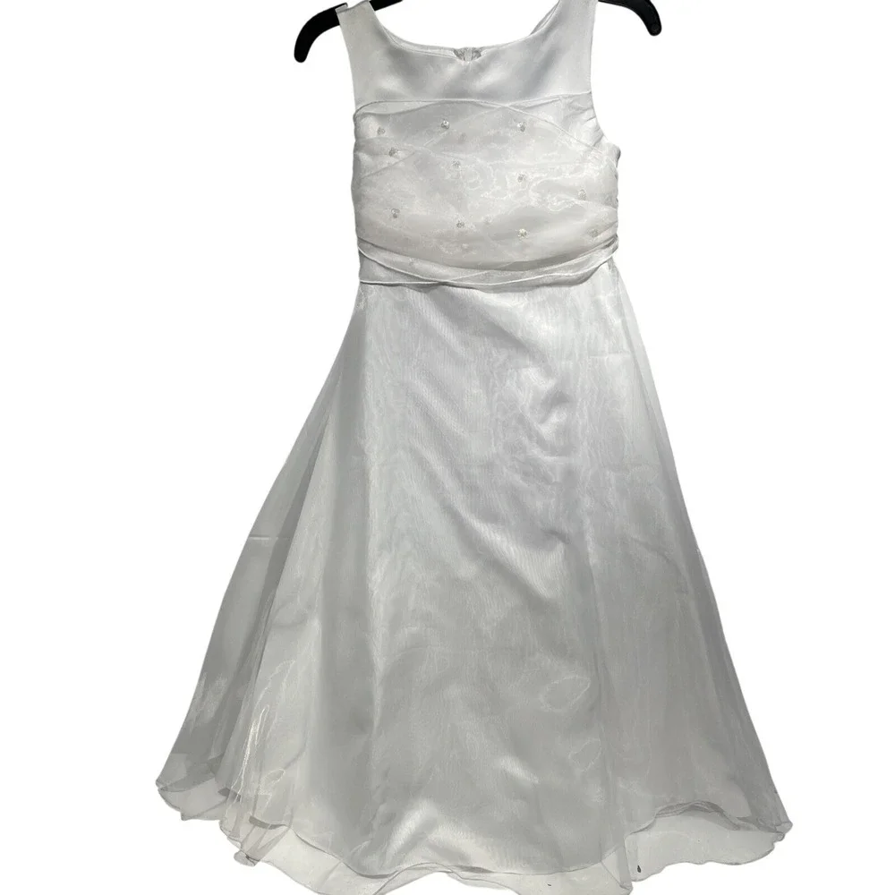 Bonnie Jean Girls White Organza Flower Girl Communion Dress Size 7 R42454-C